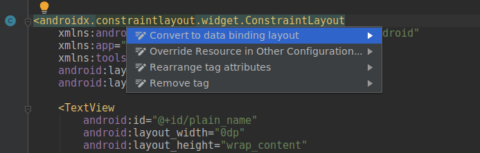 Преобразование макета разметки в Data Binding layout средствами Android Studio