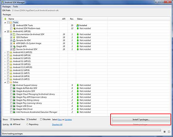 Окно настройки Android SDK Manager